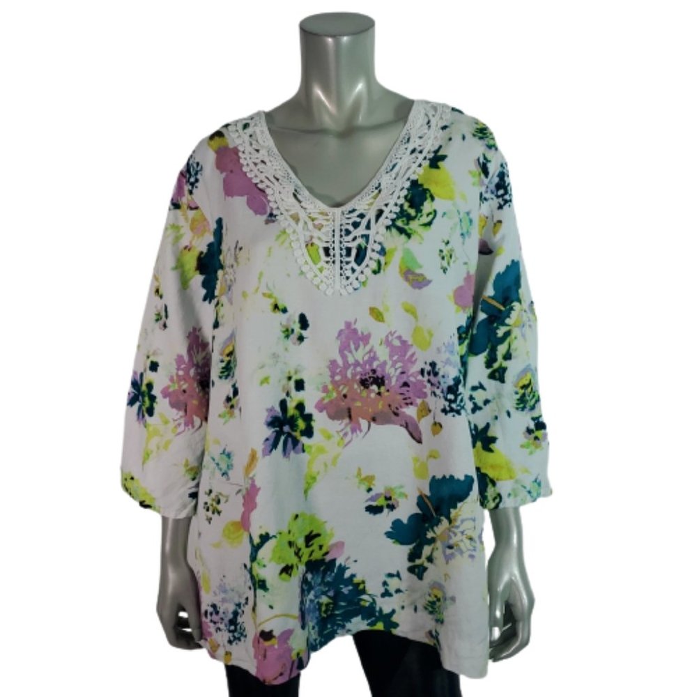 Premise Top‎ Plus Sz XXL Linen Blend Crochet Side Slits Floral V-Neck Multicolor